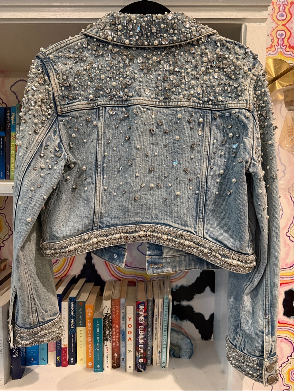 Alice + Olivia Light Wash Pearl-Embellished Denim Jacket - Picture 3 of 4